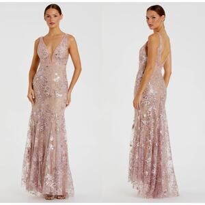 B58 Mac Duggal Gown Womens 8 Floral Mermaid Plunge Neck Garden Feminine Wedding